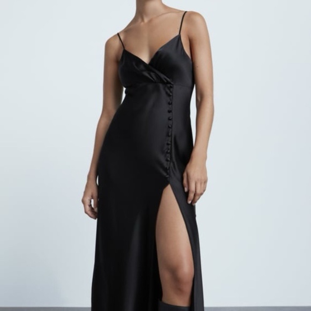 ZARA Black Satin Effect Slip Dress